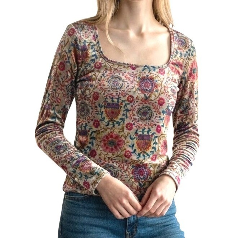 EUC Natural Life Danielle Floral Velvet Square Neck Top Women's Medium